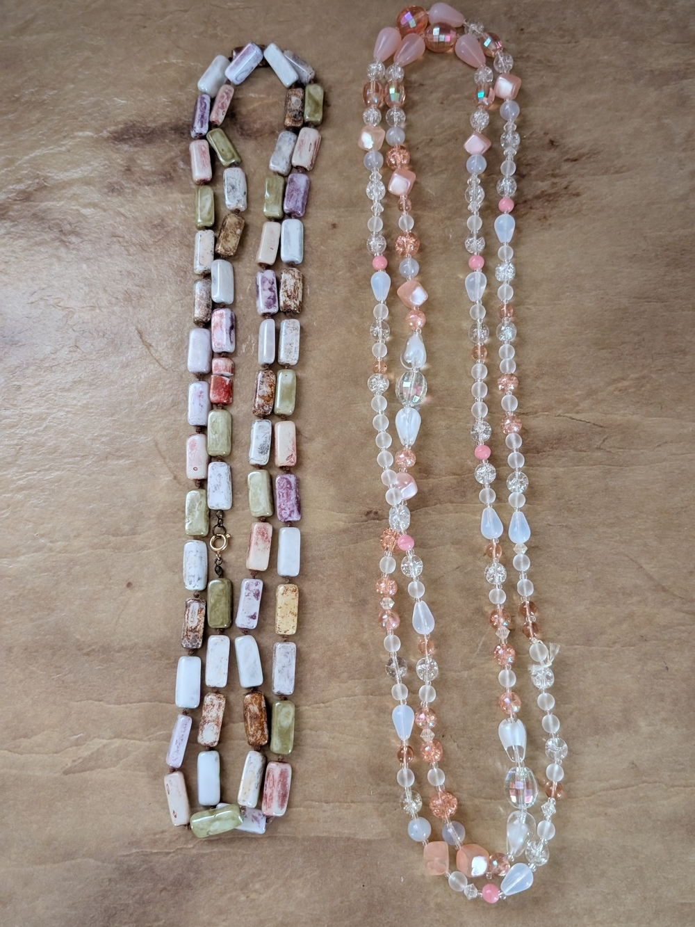 Multi-Strand Pink and Clear Beaded Necklace With Shell Tile Necklace